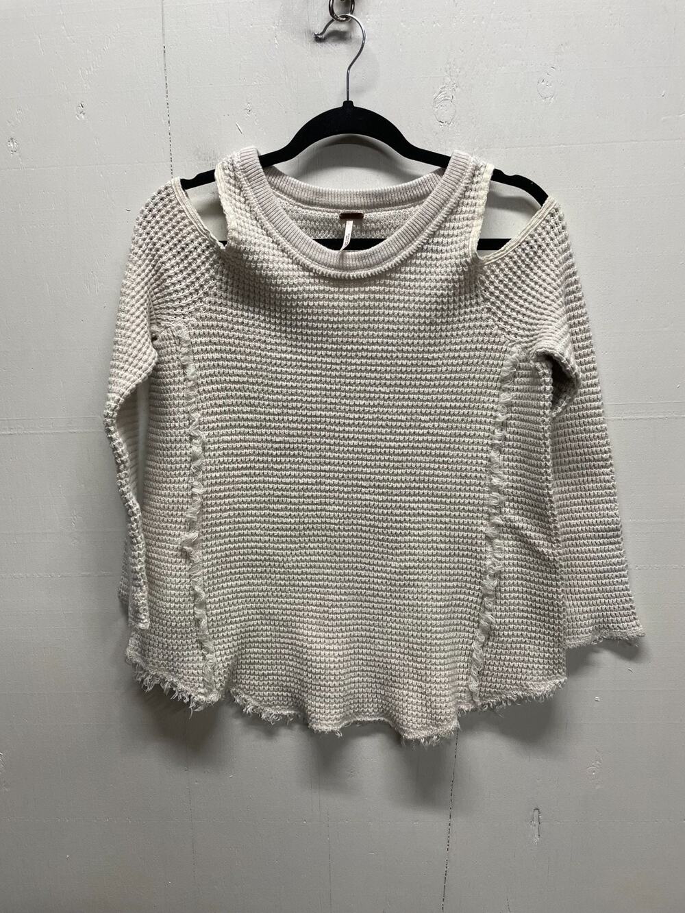Free People Women's Cold Shoulder Waffle Knit Sweater Fringe Detailing Small